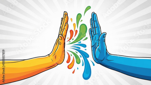 Two hands one orange and one blue high-fiving with colorful splashes in between representing teamwork and celebration