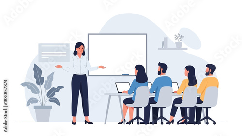 Business meeting: woman presenting to colleagues in modern office with laptops