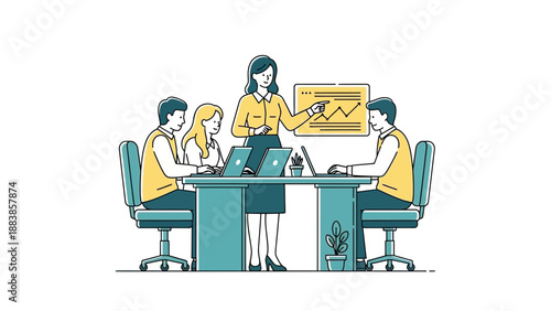 Business meeting: woman presenting graph on whiteboard to colleagues at table