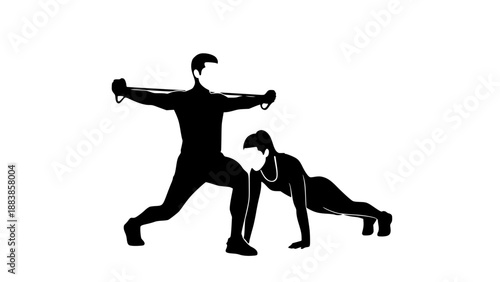 Silhouette of man and woman exercising together with resistance band fitness