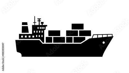Cargo ship silhouette carrying containers isolated on white background symbolizing global trade and logistics