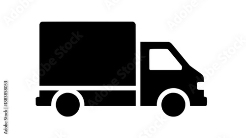Black silhouette of a moving delivery truck with a large cargo box traveling on a white background