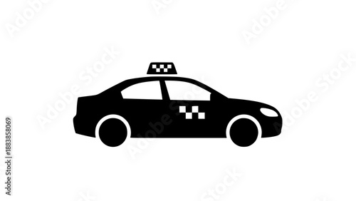 Black silhouette of a sedan taxi car with checkered pattern signs on roof and door isolated on a white background