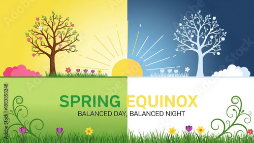 Four seasons concept with trees and sun representing spring summer autumn and winter for seasonal change and nature themes