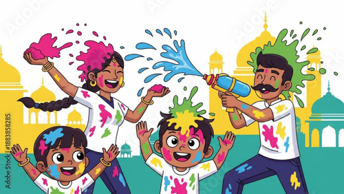 Happy Indian family celebrating Holi festival with colorful powder and water guns illustration for festive greetings and cultural events
