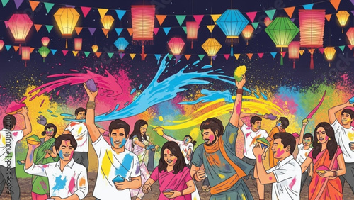Vibrant Holi festival celebration with people throwing colored powder colorful lanterns and flags at night concept of joy and togetherness