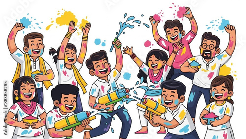 Joyful group of people celebrating Holi festival with colorful powders and water guns vibrant illustration of Indian culture and tradition fun outdoor activity for families and friends