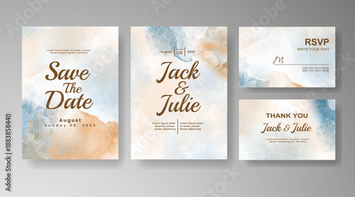 Set of Wedding invitation with abstract splash watercolor