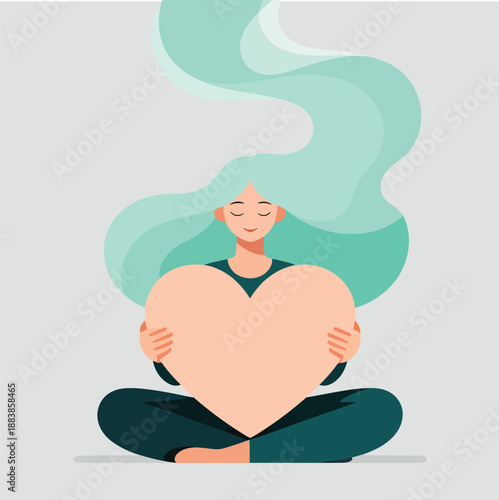 A serene woman with long flowing blue green hair sits cross legged, gently holding a large pink heart, embodying self love and inner peace.