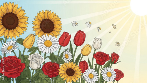 Vibrant garden of blooming flowers including sunflowers roses tulips and daisies under bright sunshine symbolizing spring and summer growth