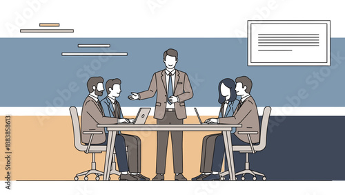 Business meeting with diverse team collaborating around a table, presenting ideas