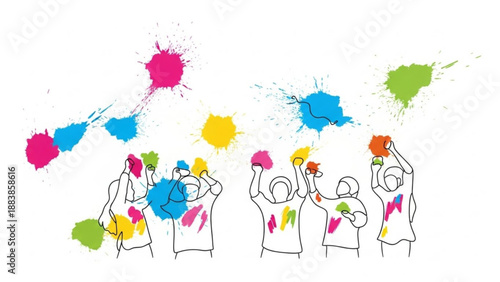 Diverse group of people celebrating with colorful paint splashes representing joy and festival ideal for Holi or creative concepts