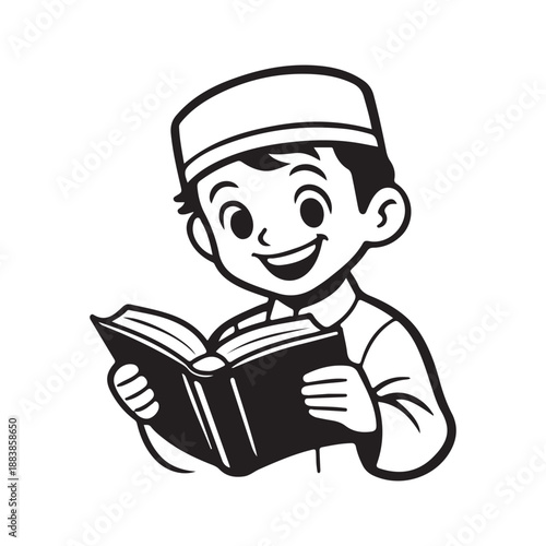 Cheerful Young Muslim Boy Joyfully Reading Book Education and Learning Cartoon Illustration