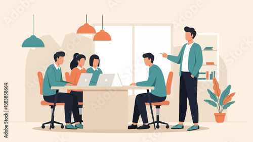 Business meeting with diverse team collaborating in modern office, flat illustration