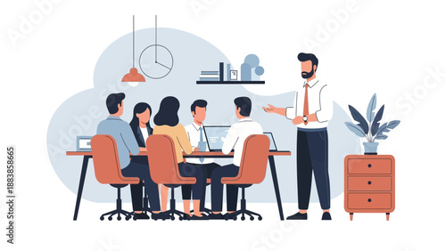 Business meeting with diverse team collaborating around table, leader presenting