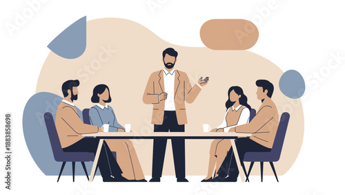 Business meeting with diverse team discussing ideas around a table, leader presenting