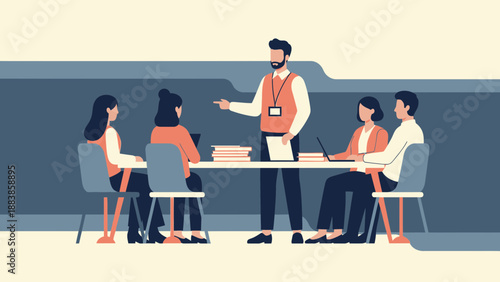 Business meeting with instructor leading discussion and participants taking notes