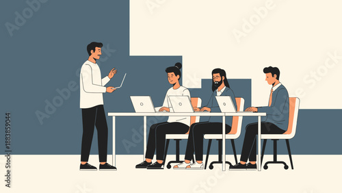 Business meeting with presentation and laptops during a training session