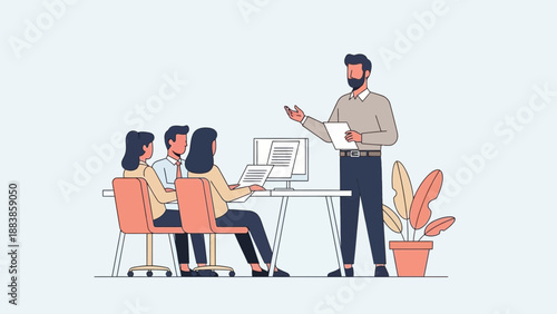 Business meeting with presentation and discussion, flat design illustration