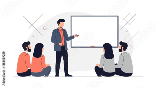 Business meeting with presenter and audience by whiteboard, flat illustration