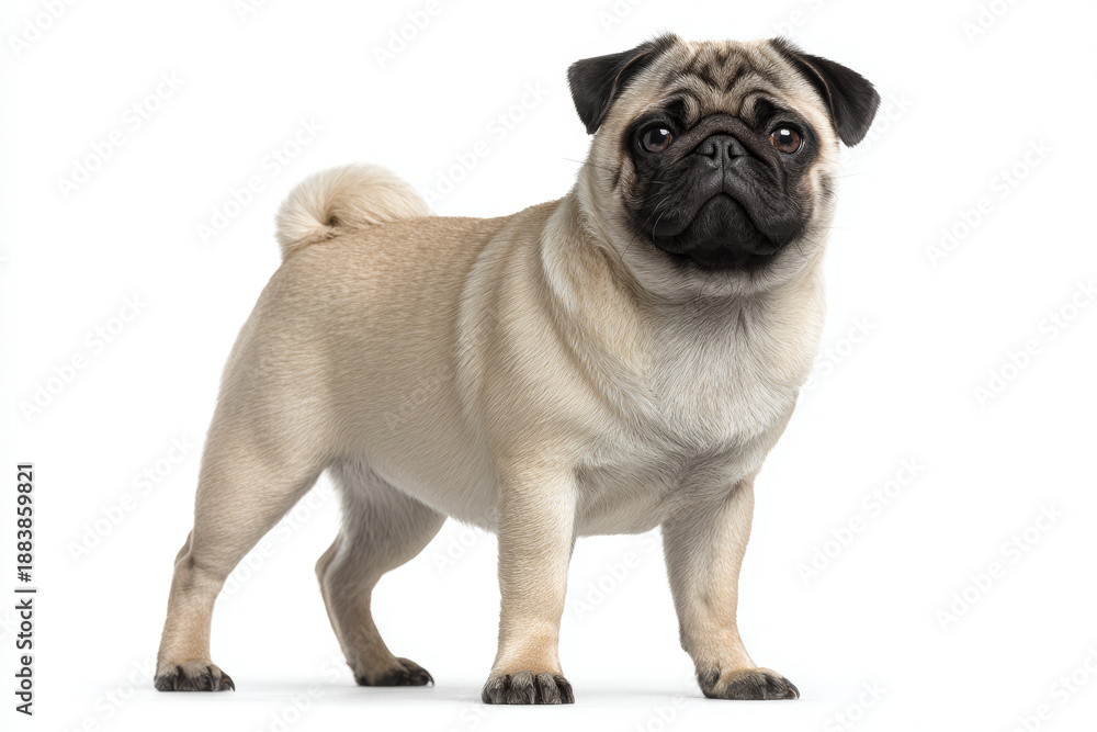 Obraz premium Pug dog pet beige standing white background portrait cute small canine pug dog pet beige standing white background portrait cute small canine