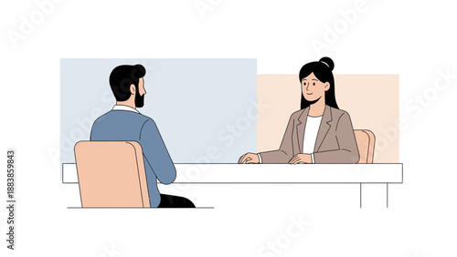 Business meeting, job interview, two people discussing work, office setting illustration