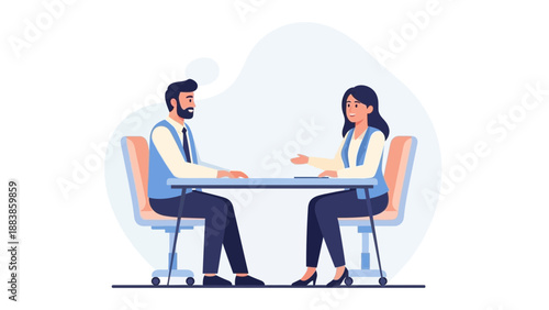 Business meeting, job interview, two people sitting at table, discussion, conversation