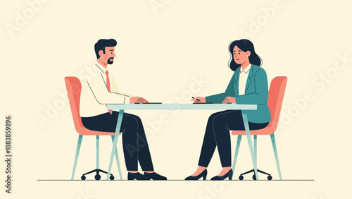 Business meeting, job interview, two professionals sitting at a desk discussing.