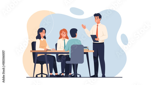Business meeting, team collaboration, presentation, office work, flat design
