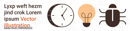 Time management, innovation, technology, debugging, coding, software development. Graphic showing a clock, light bulb and bug icon. Time management and innovation as conceptual ideas