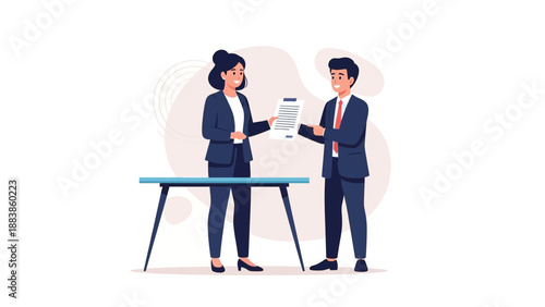 Business Partners Exchanging Documents at Desk - Professional Collaboration Illustration