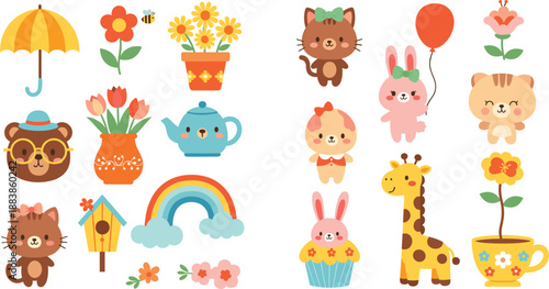 Cute cartoon animals and spring objects vector set with flowers rainbow teapot umbrella and nursery design elements