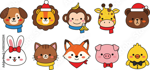 Cute cartoon animal faces vector set with winter scarves hats and festive accessories for kids designs