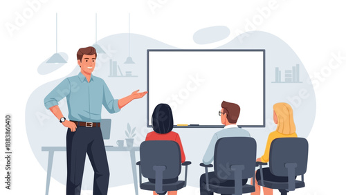Business Presentation: Speaker Lecturing to Diverse Audience at Whiteboard