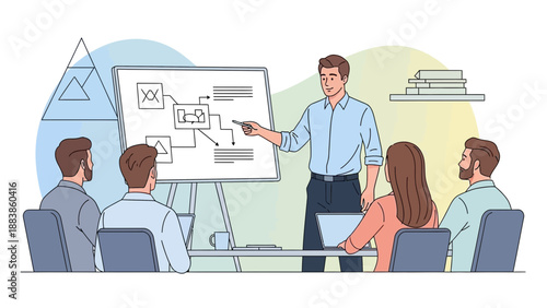 Business Presentation: Team Meeting, Strategy Planning, and Workflow Diagram