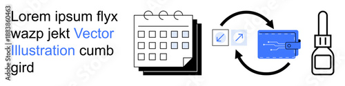 Time management, financial planning, workflow, scheduling tools, transaction cycle, productivity. Calendar, arrows wallet and test tube icons. Time management and financial planning concepts