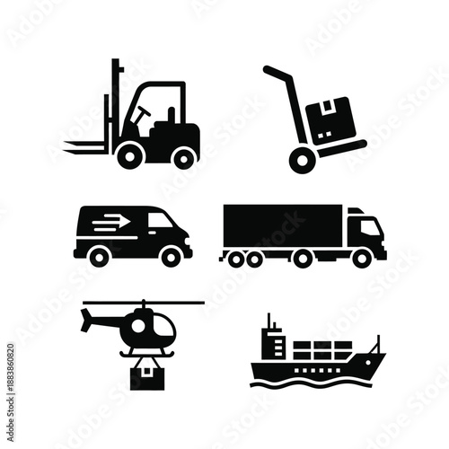 Black and White Vector Icons Set: Industrial & Transportation Vehicles - Forklift, Pallet Truck, Van, Truck, Helicopter, Ship - High-Quality SVG & PNG Graphics for Design, Web, and Print Projects