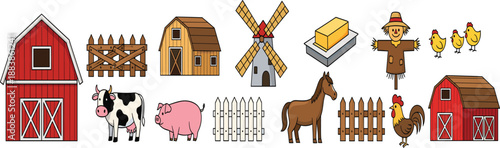 Cute Cartoon Farm Elements Vector Set with Barn Animals Fences Windmill and Rural Objects Isolated on White Background