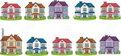 Cute Cartoon Residential House Collection Vector Set with Colorful Family Homes Isolated on White Background