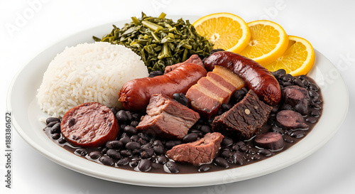 A traditional Brazilian feijoada meal on a white plate