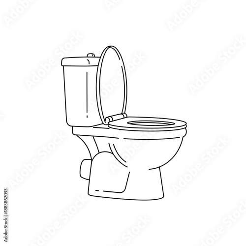 Black and white line art vector of a toilet bowl with open lid and seat. Bathroom sanitation, plumbing fixture outline icon.