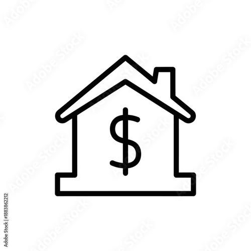 Real Estate Investment Icon: House and Dollar Sign Outline. Home Finance, Mortgage, Property Value Line Art Symbol.