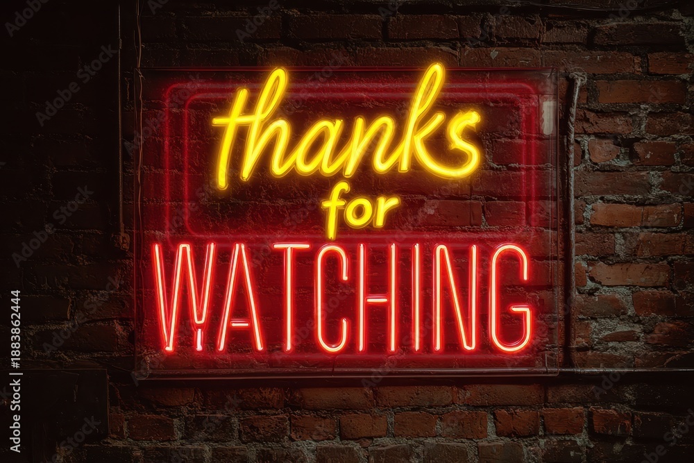 Obraz premium Bright neon sign saying thanks for watching in a dark setting with brick walls in the background