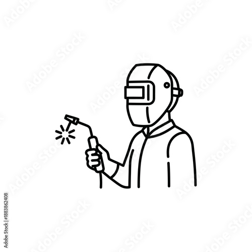 Professional Welder Working Outline Icon. Industrial Metal Worker in Safety Mask Line Art Vector.