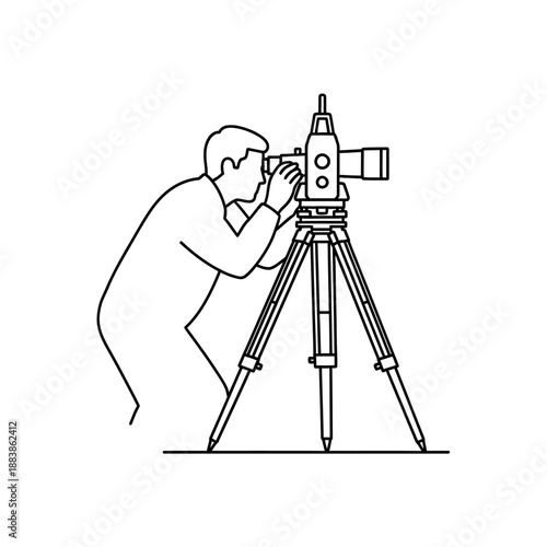 Professional Surveyor Working with Total Station or Theodolite on Tripod | Minimalist Outline Line Art Icon