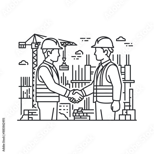 Construction Handshake Agreement Line Art. Two Engineers or Contractors Shake Hands at Building Site with Crane. Partnership and Deal Icon.