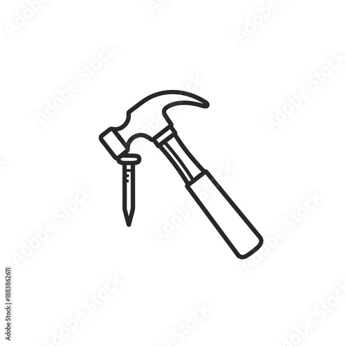 Claw Hammer and Nail Line Art Icon. Vector Outline Symbol for Construction, Repair, Carpentry, and DIY Projects.