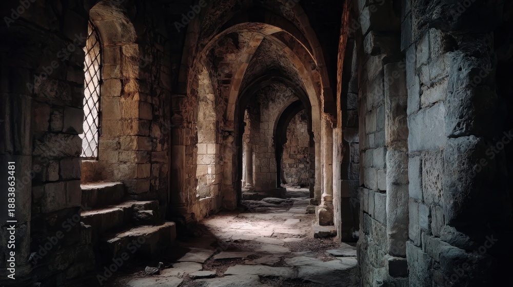 Fototapeta premium Narrow stone corridor in an ancient building with arches and low light in a historic location