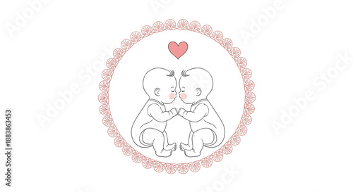 Delicate line art drawing of two adorable twin babies sitting face to face under a pink heart, framed by a lace border.