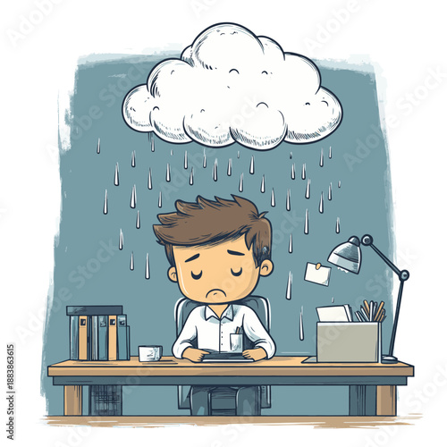 A funny employee with a dejected expression is in the office and above him a little cloud is pouring rain on him , vector style simple color